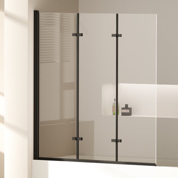 EMKE Badewannenaufsatz 3-teilig 120 x 140 cm – Faltbare Duschwand für Badewanne, Mattschwarzer, 6 mm ESG Sicherheitsglas mit NANO-Beschichtung, klappbar, links oder rechts montierbar