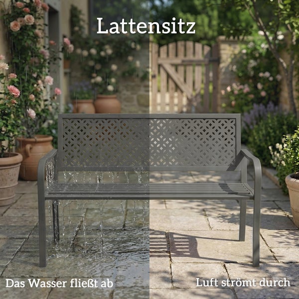 Gartenbank aus Metall in Anthrazit mit gemustertem Rückenteil und Armlehnen.
