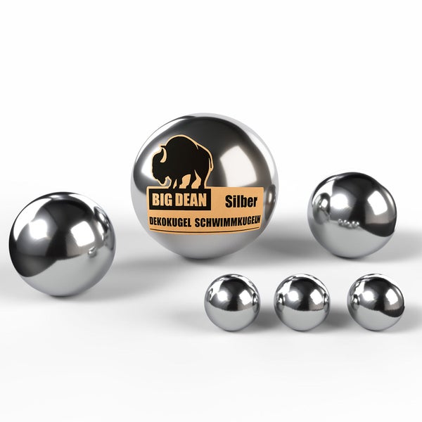 Set aus metallischen Dekokugeln und Schwimmkugeln in verschiedenen Groessen fuer Garten und Teich von Big Dean Logo