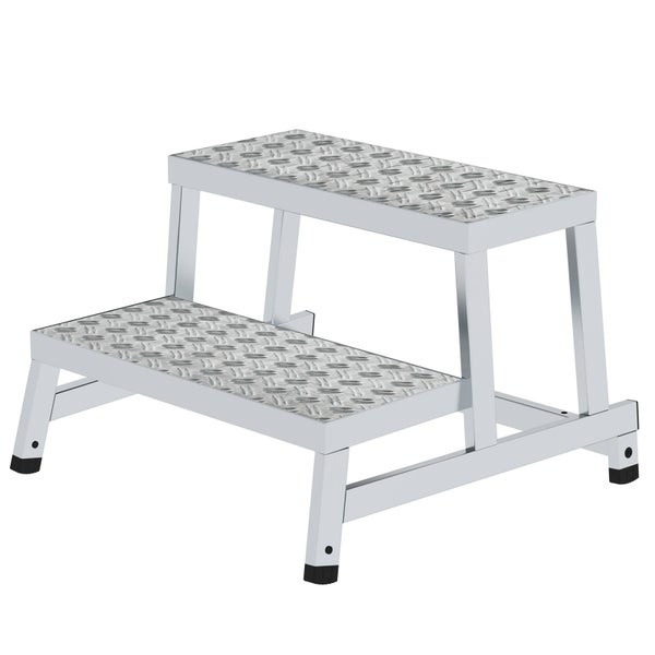 Zweistufiger Arbeitstritt aus Aluminium mit rutschhemmenden Stufen aus Riffelblech.
