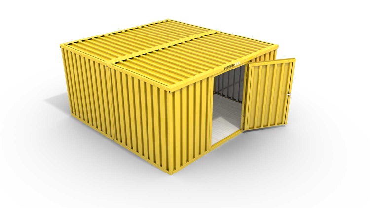 Lagercontainer Gerätehaus XL2  – 21 qm, H2150 x B5080 x T4340 mm, Außenwandlackierung RAL 1003 signalgelb, Dach außen verzinkt, mit Holzfußboden, 1270 mm Einflügeltür mittig in Breitseite, montiert