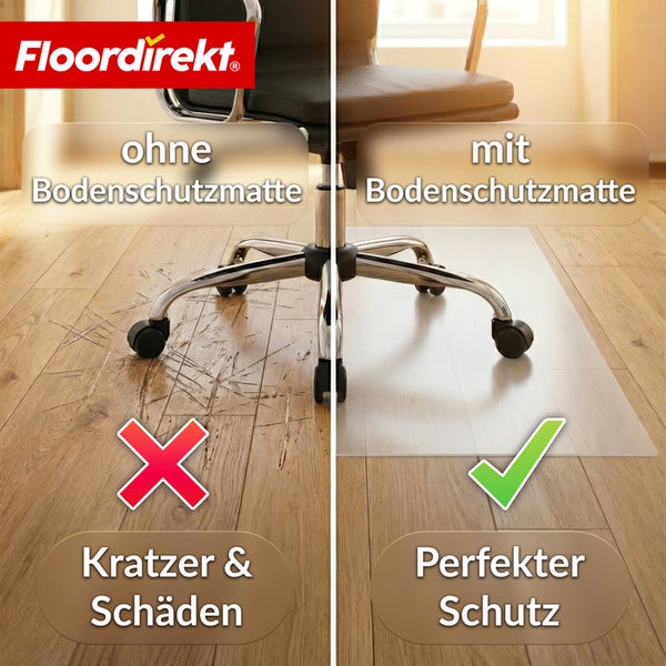 Bürostuhl auf Holzboden mit und ohne Bodenschutzmatte, zur Demonstration von Kratzschutz, Floor direkt Logo