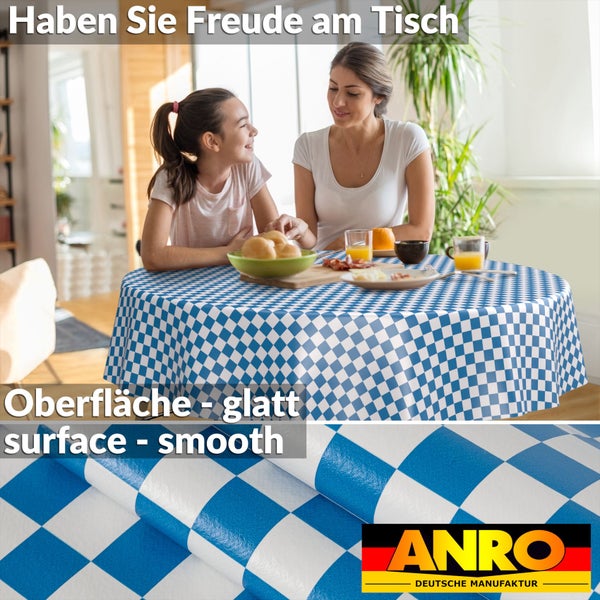 Frau und Kind an rundem Tisch mit blau-weiß karierter Tischdecke, Detailansicht der glatten Oberfläche, heller Raum, ANRO Logo.