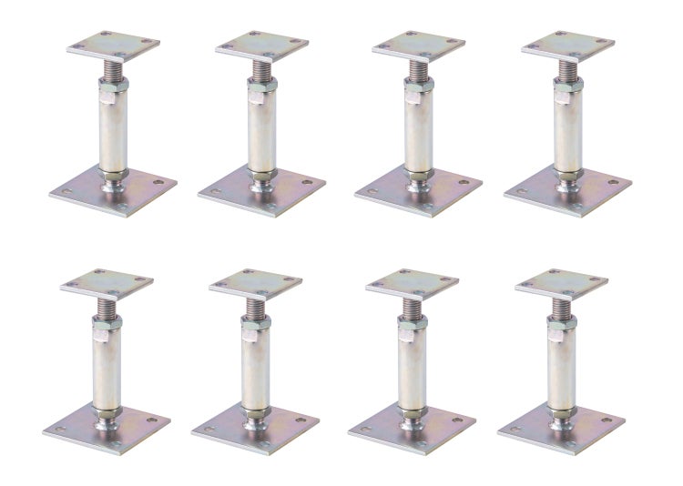 Set aus acht verstellbaren Stützen aus Metall mit quadratischen Montageplatten für Konstruktionen im Außenbereich