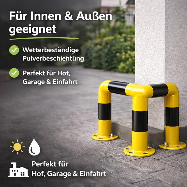 Gelb-schwarzer Eckschutzbügel aus wetterfestem, pulverbeschichtetem Stahl für Hof, Garage und Einfahrt, für den Innen- und Außenbereich geeignet.