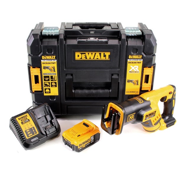 DeWalt Akku-Säbelsäge DCS367 mit 18 Volt Akku, Ladegerät und TSTAK Werkzeugkoffer.
