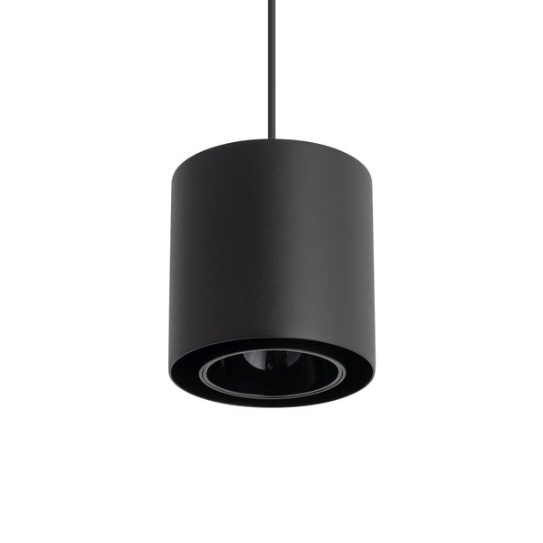 Schwarze zylindrische Pendelleuchte aus Metall mit matter Oberfläche und Kabelaufhängung.