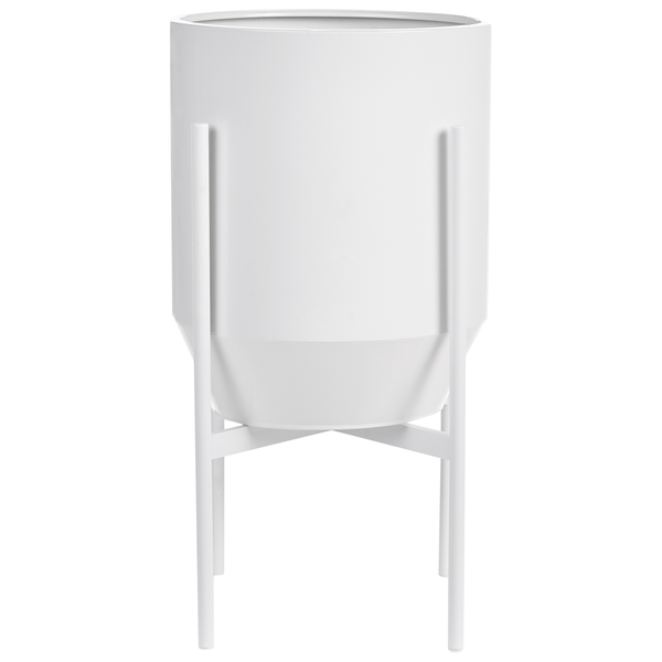 Weißer zylindrischer Übertopf auf einem vierbeinigen Ständer aus Metall.