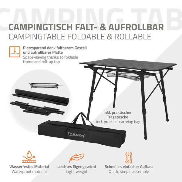 ML-Design Campingtisch faltbar Schwarz, 90x51,5cm, Aluminium Klapptisch höhenverstellbar 46-66,5 cm, Belastbarkeit 30kg, Aufrollbare Tischplatte, Falttisch klappbar, Gartentisch Balkontisch Reisetisch
