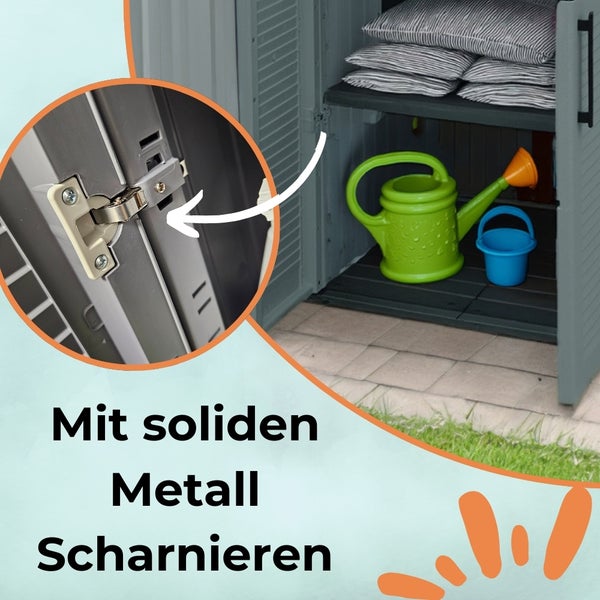 Detailansicht eines Geräteschranks mit soliden Metallscharnieren, inklusive Regalen, Kissen, Gießkanne und Eimer