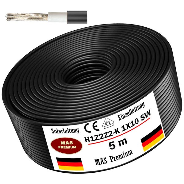 Schwarze Solarleitung MAS Premium H1Z2Z2-K 1X10, 5 Meter Rolle, einadriges Solarkabel mit Europäischer Konformität und VDE Zertifizierung.