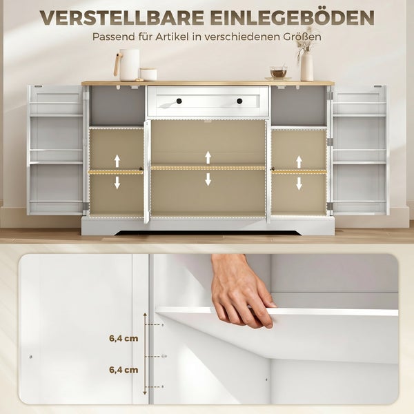 Weißes Sideboard mit heller Holzplatte und verstellbaren Einlegeböden, Lochabstand circa 6,4 Zentimeter.