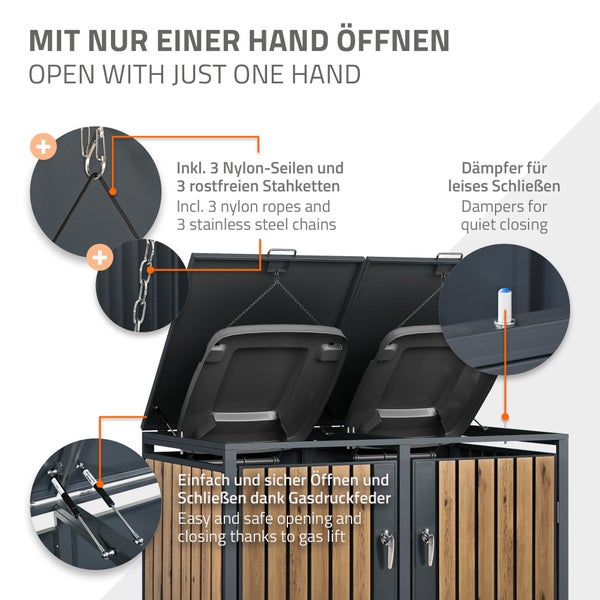 ML-Design Mülltonnenbox 3er 3 Tonnen 240L 200x80x116,3cm Anthrazit-Eichenoptik, Stahl, wetterfest/abschließbar Mülltonnenverkleidung Klappdeckel/3 Türen Müllbox Mülltonnecontainer Mülltonnenabdeckung