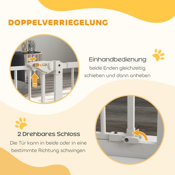 PawHut Türschutzgitter Hunde, Absperrgitter, 74-94 cm, Treppenschutzgitter für Haustier, Hundegitter inkl. Verlängerung, Schutzgitter ohne Bohren, Metall, Kunststoff, Weiß
