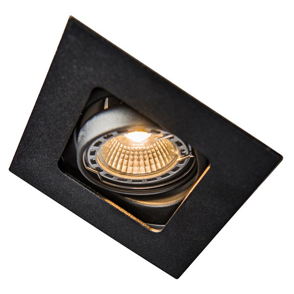 Quadratischer Einbaustrahler, schwarz, schwenkbar, mit Leuchtmittel.