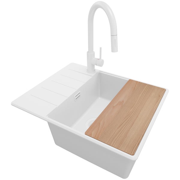 PRIMAGRAN Granitspüle Alles Weiß 62x50cm, Spülbecken 1 Becken + Küchenarmatur 40x20cm + Ablauf-Set + Schneidebrett, Küchenspüle ab 50er Unterschrank - Kopenhagen