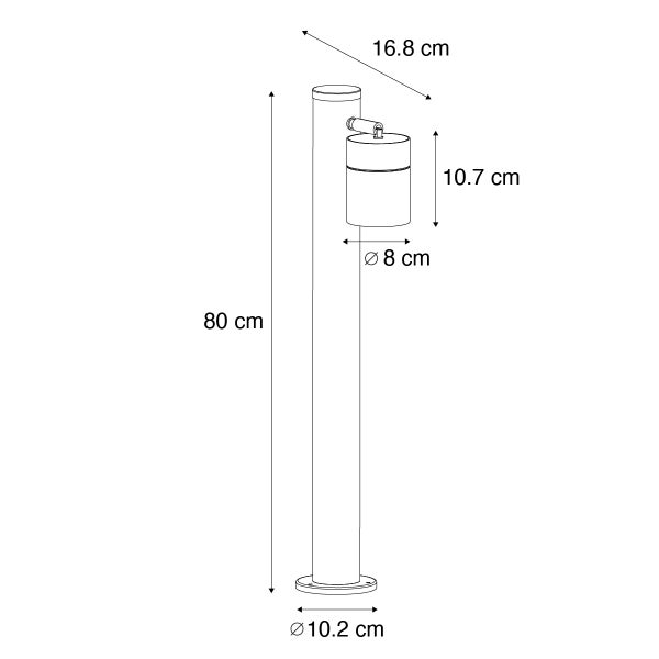 Technische Zeichnung Außenleuchte: Höhe 80 Zentimeter, Durchmesser Standfuß 10,2 Zentimeter, Durchmesser Leuchtenkopf 8 Zentimeter.