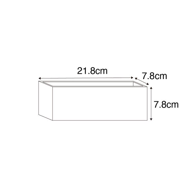 Skizze eines Pflanzgefäßes mit den Maßen 21,8 cm Länge und 7,8 cm Höhe und Breite