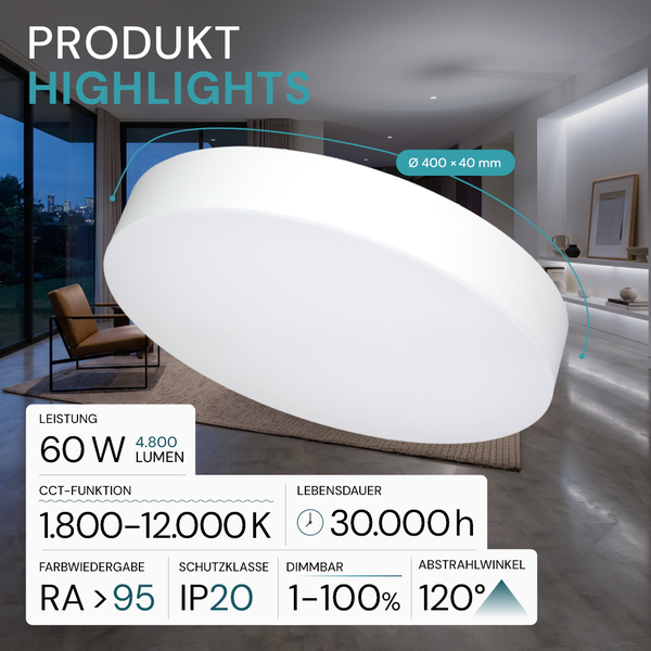 Runde LED Deckenleuchte mit 60 Watt und 4800 Lumen, 400 mal 40 Millimeter, dimmbar mit CCT Funktion im modernen Wohnzimmer.