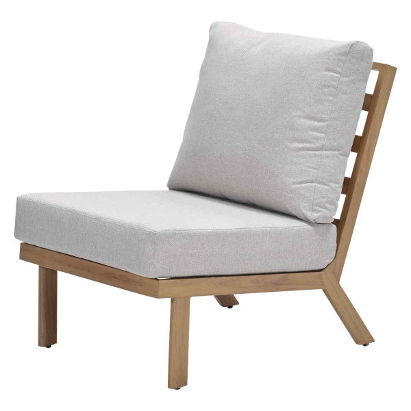 Loungesessel aus Akazienholz mit grauen Sitz- und Rückenkissen für Garten oder Terrasse.