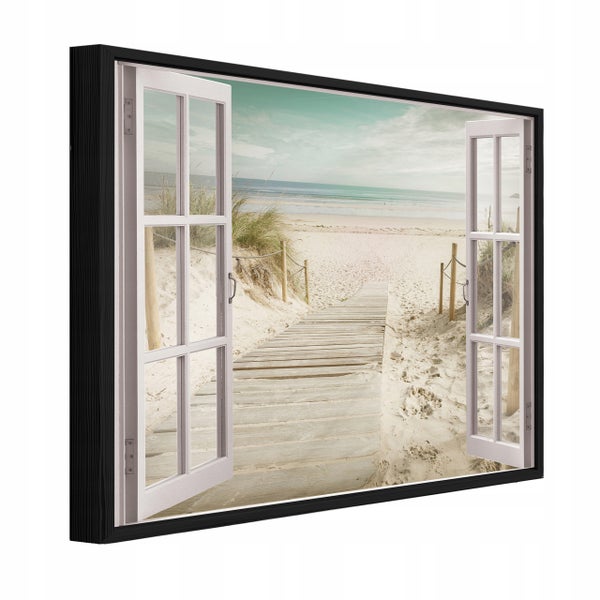 Wandbild mit Fensterrahmen Optik und Strand Motiv