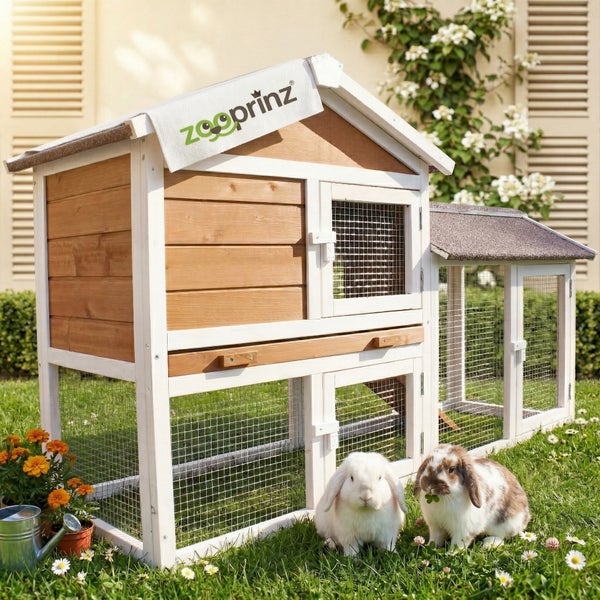 Helles, zweistöckiges Kaninchengehege aus Holz und weißem Rahmen mit integriertem Freilaufgehege auf einer Rasenfläche, zwei Kaninchen im Vordergrund.