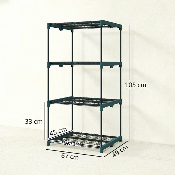 Kunststoffregal mit 4 Gitterböden, Maße 105 Zentimeter Höhe, 67 Zentimeter Breite, 49 Zentimeter Tiefe, Fachabstand 33 Zentimeter.