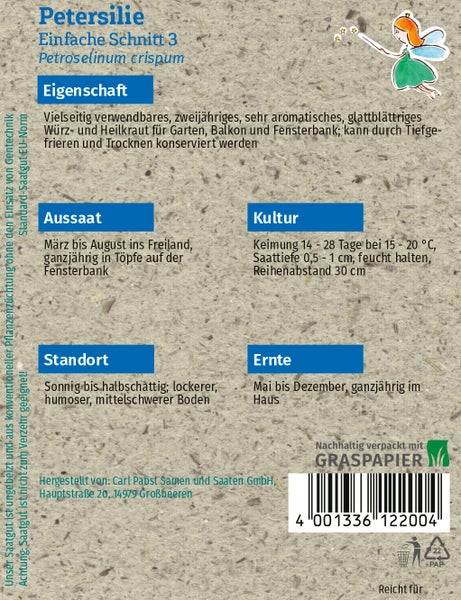 Rückseite der Samentüte für Petersilie Einfache Schnitt 3 mit Hinweisen zu Aussaat, Kultur, Standort und Ernte auf Graspapier.