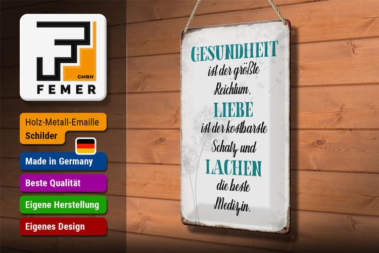 Blechschild Spruch 20x30cm Gesundheit Liebe Lachen Medizin