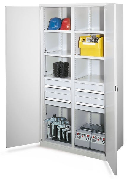 Stahlschrank mit Fachböden, Schubladen und diversen Werkzeugen