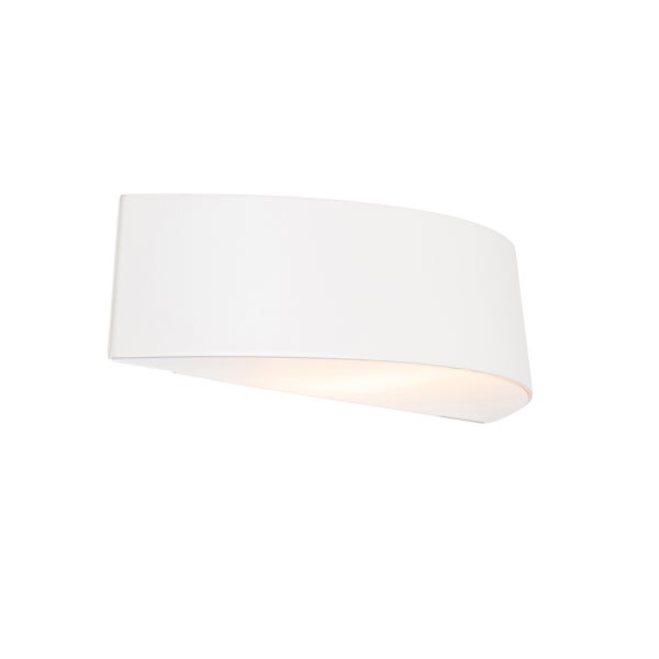 Moderne weiße Wandleuchte in gebogener Form mit Lichtaustritt nach unten.