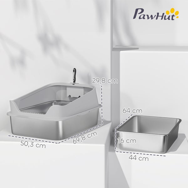 PawHut Katzentoilette aus Edelstahl mit Spritzschutz und Streuschaufelhalter, Maße circa 50,3 x 69,8 x 29,8 Zentimeter