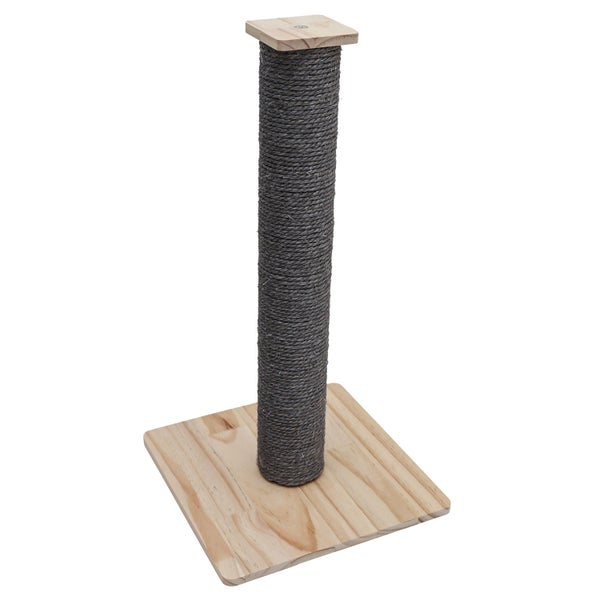 Kratzstamm für Katzen mit quadratischer Holzgrundplatte und mit Sisalseil umwickeltem Pfosten.
