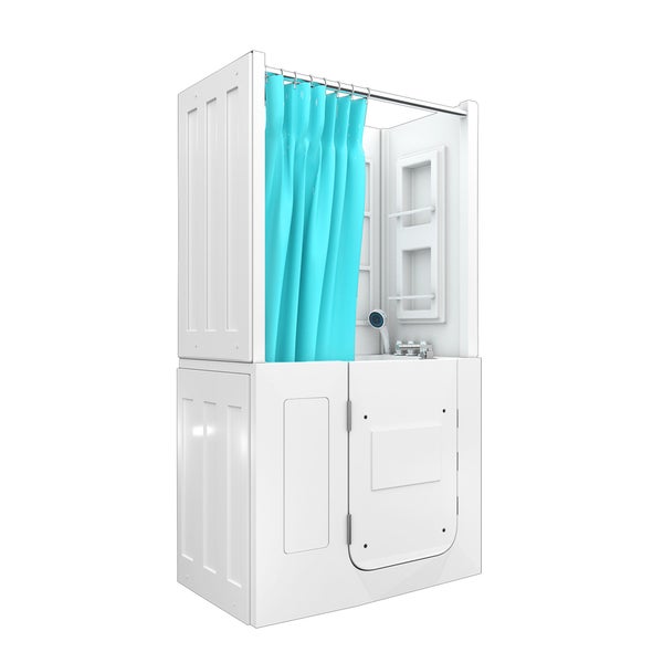 Barrierefreie Sitzbadewanne mit Duschtasse, integrierter Tür für den Seiteneinstieg und Duschvorhang.