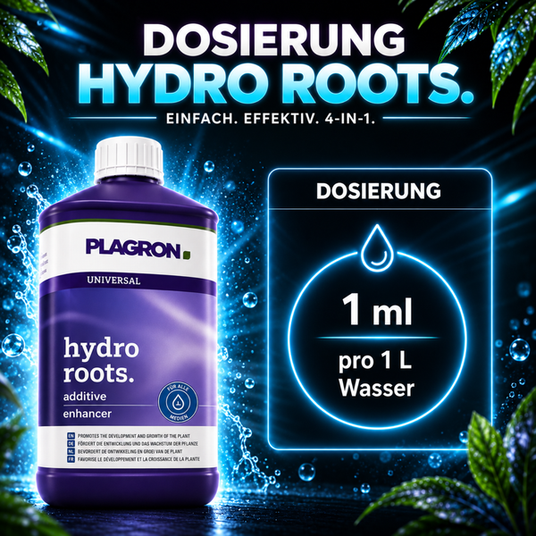 Plagron Hydro Roots Wurzelstimulator in Flasche mit Dosieranleitung 1 Milliliter auf 1 Liter Wasser.