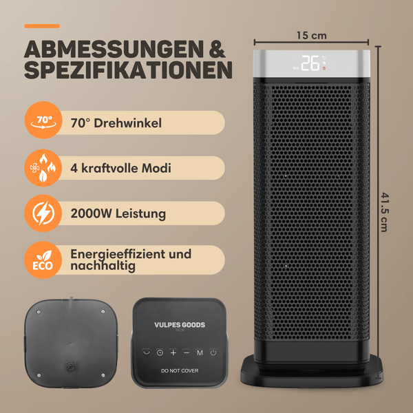 Vulpes Goods Elektrischer Heizlüfter - Keramik Heizlüfter - 2000W - Thermostat