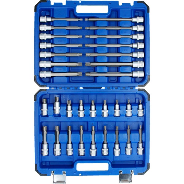 Offener blauer Werkzeugkoffer mit Torx-Bit-Set