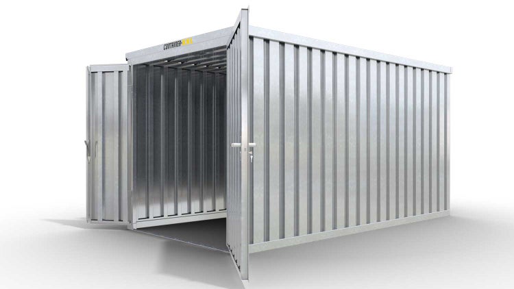Lagercontainer Gerätehaus XL  – 10 qm, H2115 x B5080 x T2170 mm, verzinkt, ohne Fußboden, 1830 mm Doppelflügeltür mittig in Stirnseite, zerlegt