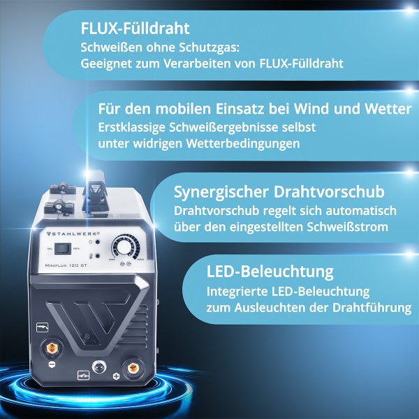 STAHLWERK Schweißgerät Mini FLUX 120 ST mit ARC | MMA-Funktion mit 120 Ampere