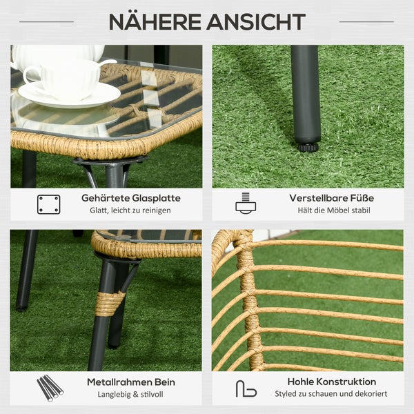 Outsunny 4 tlg. Gartenmöbel-Set, Rattan Sitzgarnitur mit Kissen, Sitzgruppe mit 3 Sesseln, 1 Couchtisch, Balkonmöbel im Boho-Stil für 4 Personen, Sand+Dunkelgrau
