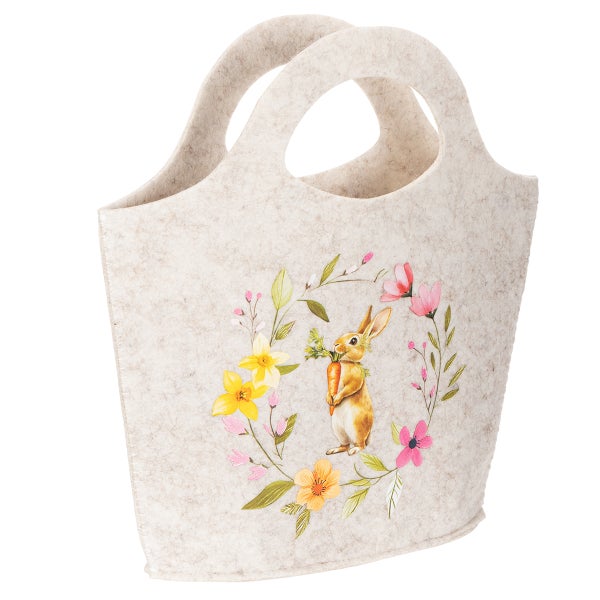 Dekorative Filztasche mit Hasenmotiv und Blumenkranz für Ostern.