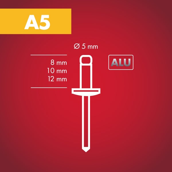 Technische Zeichnung einer Blindniete A5 aus Aluminium mit Durchmesser 5 Millimeter und Längen 8, 10 und 12 Millimeter.