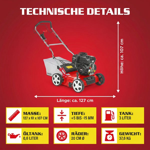 Hecht Benzinrasenmäher, technische Details zu Abmessungen, Tiefe, Tankvolumen, Ölmenge, Raddurchmesser und Gewicht.