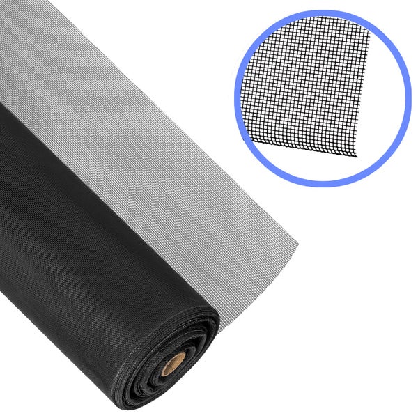 Schwarzes Insektenschutzgewebe auf Rolle mit Detailansicht der Maschenstruktur.