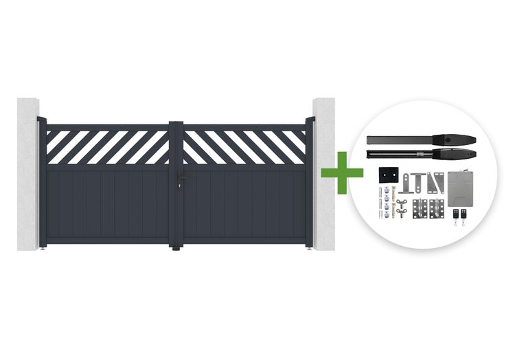 Zweiflügeliges Aluminium-Einfahrtstor in Anthrazit mit diagonalen Streben inklusive elektrischem Torantrieb-Set.