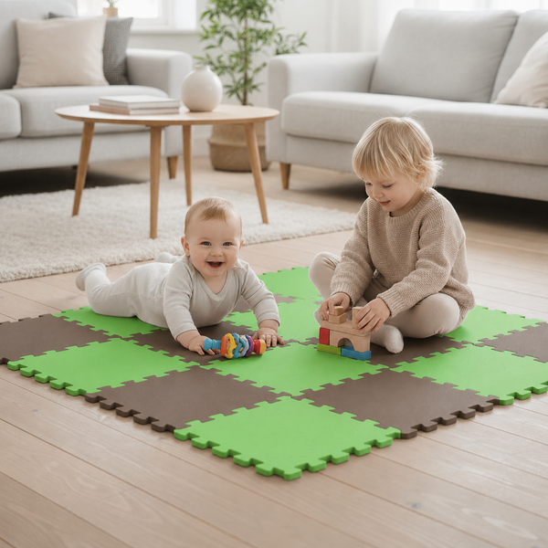 Zwei Kinder spielen auf einer schachbrettartigen Schaumstoffmatte aus ineinandergreifenden Puzzleteilen im Wohnzimmer.