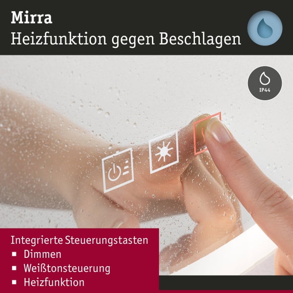 Mirra Badezimmerspiegel mit Touch-Tasten für Dimmen, Weißtonsteuerung und Heizfunktion gegen Beschlagen, spritzwassergeschützt nach Schutzart IP 44.