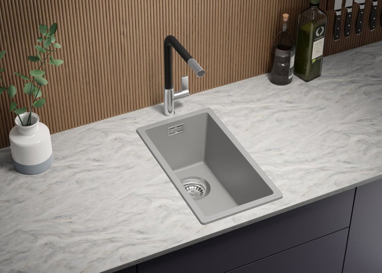 PRIMAGRAN Spülbecken Grau 26x47cm, Granitspüle 1 Becken + Ablauf-Set, Küchenspüle ab 30er Unterschrank - London Slim