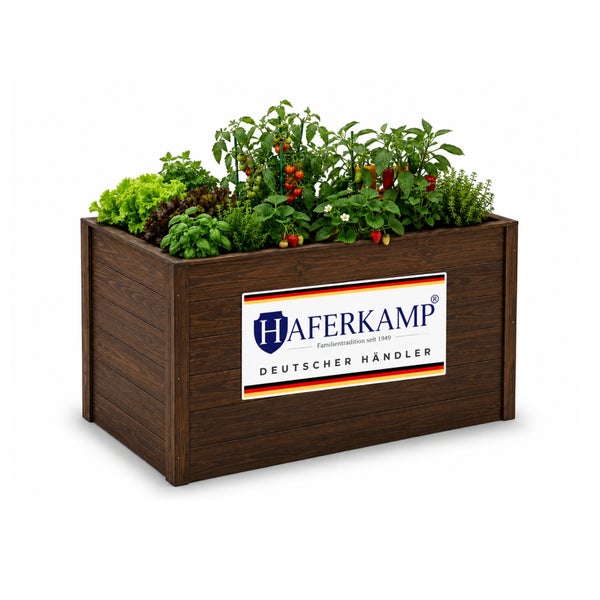 Hochbeet aus Holz, bepflanzt mit verschiedenen Gemüsesorten und Kräutern wie Tomaten, Salat und Basilikum. Haferkamp Logo auf der Vorderseite.