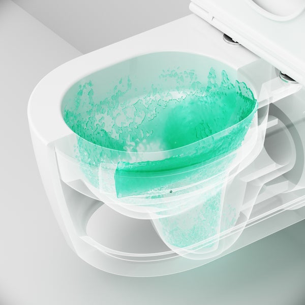 Schnittzeichnung eines spülrandlosen WCs mit Darstellung des Wasserflusses beim Spülvorgang.